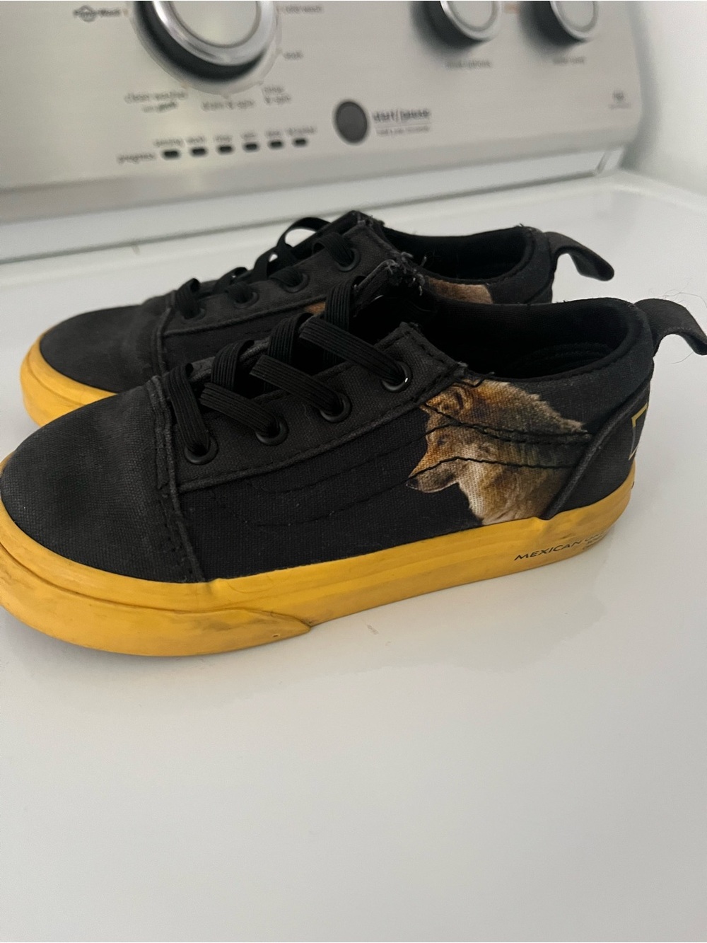 Vans Kids Black Canvas Sneakers with Yellow Sole and Fox Graphic